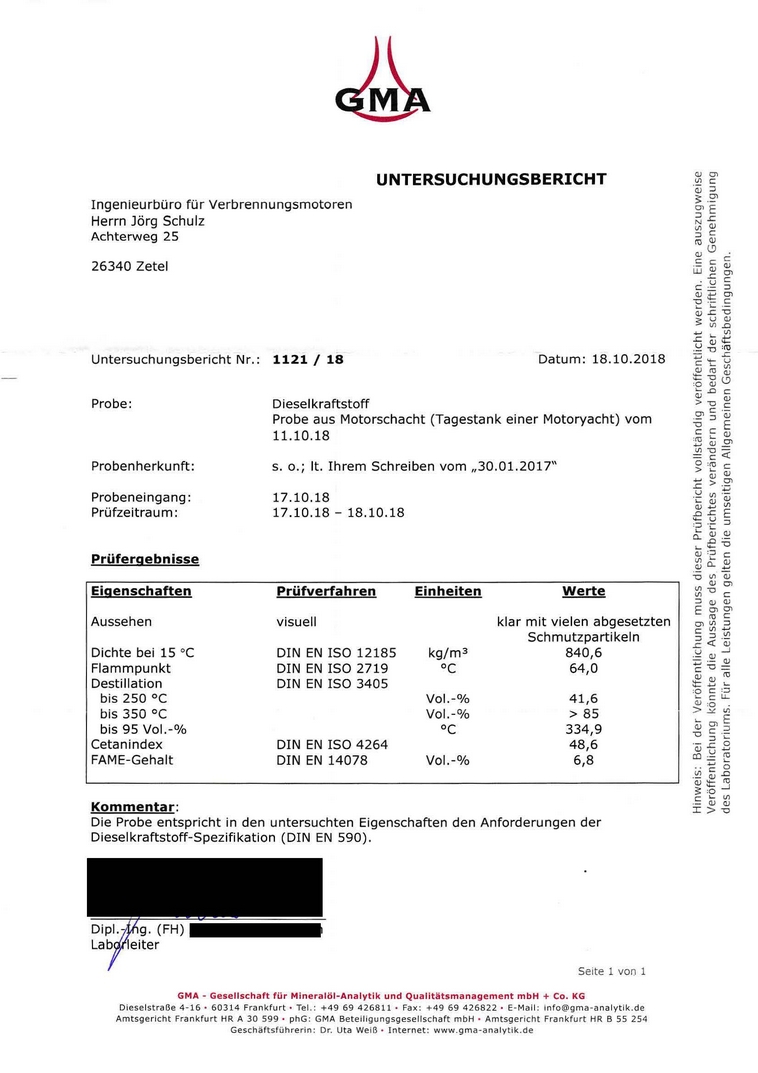 Dieselkraftstoff-Analyse -Motorschaden-Motorensachverständiger-Motorengutachter
