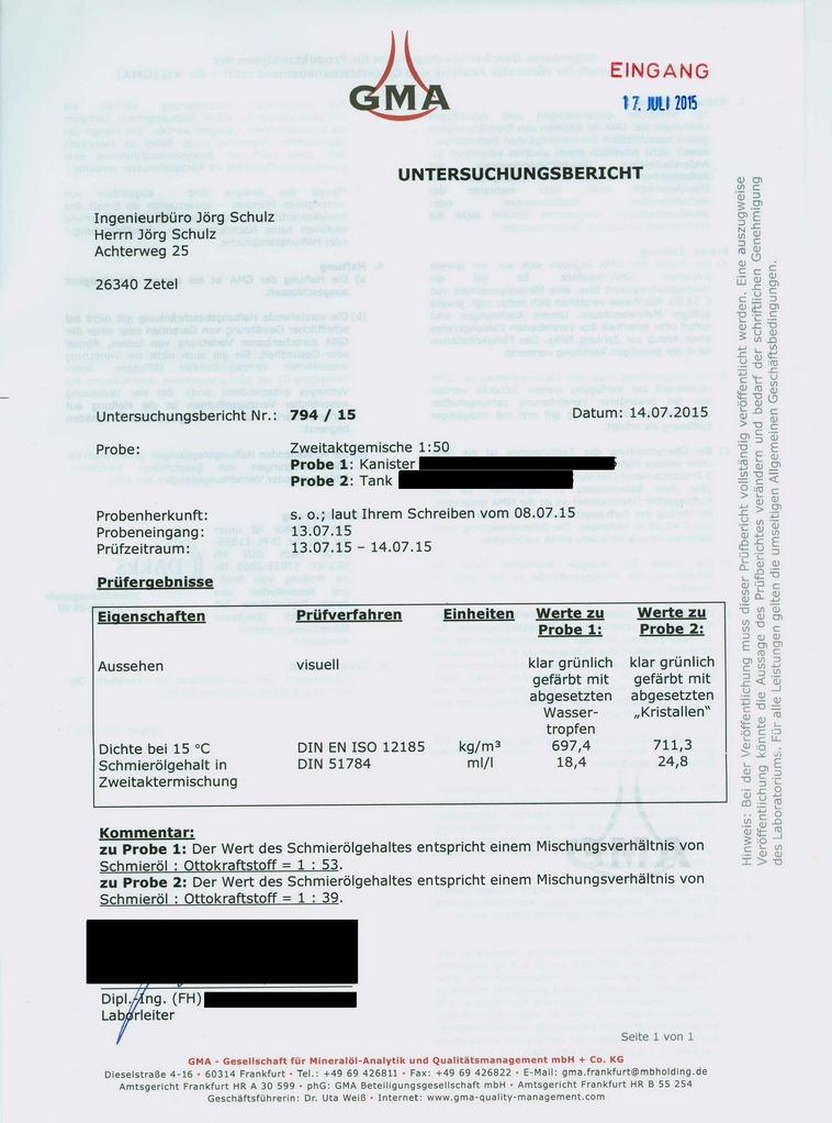 Zweitaktgemisch-Kraftstoff -Motorschaden-Motorensachverständiger-Motorengutachter