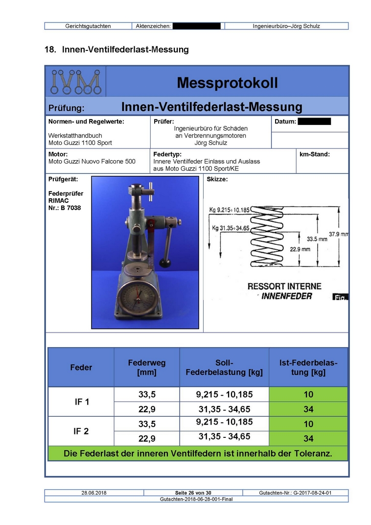 Prüfprotokoll einer Ventilfederprüfung-Motorschaden-Motorensachverständiger-Motorengutachte